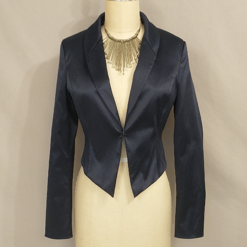 Navy Blue Satin Short Jacket Long Bolero See Measure Mrk2 FitS/M Evening Party
